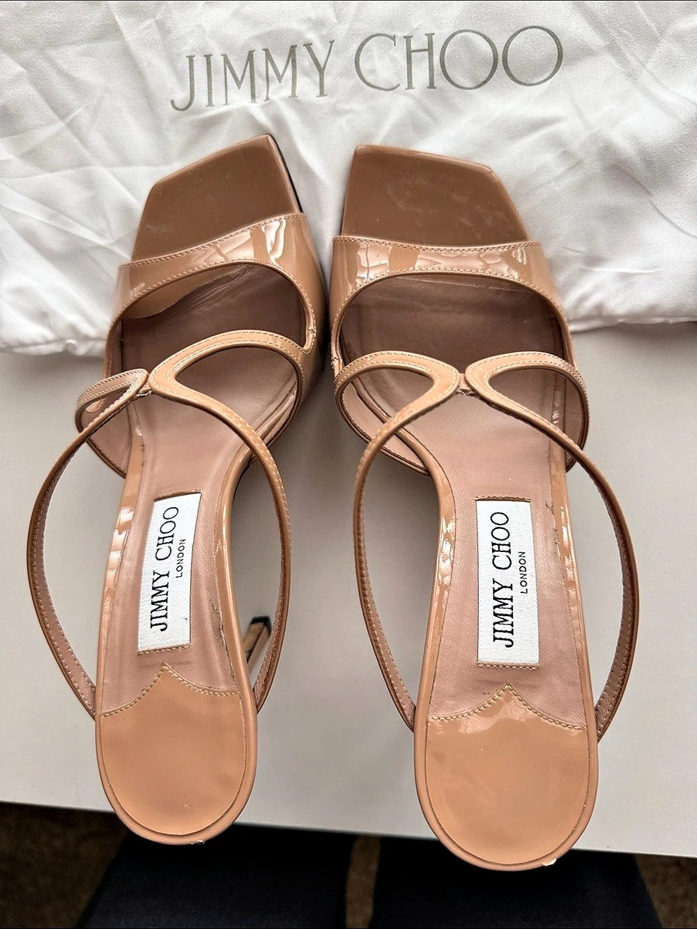 Jimmy Choo Patent Strappy Heels in tan patent